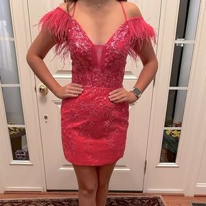 Stunning corset pink cocktail dress with feathers in size 6